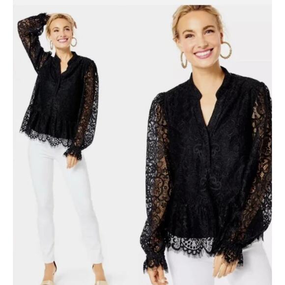 Lilly Pulitzer JACELYNNE Long Sleeve Carnival Lace Onyx Top in Black M NWT $168 - Picture 2 of 10